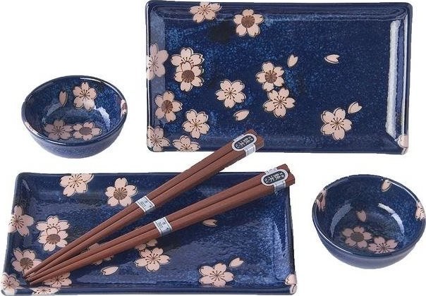 Made In Japan Sushi Sada Navy & Pink Sakura Design 6 ks