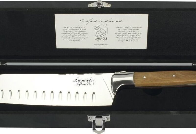 Lou Laguiole Luxury Line Santoku nôž, rukoväť z olivového dreva, výška: 40 mm, dĺžka: 310 mm