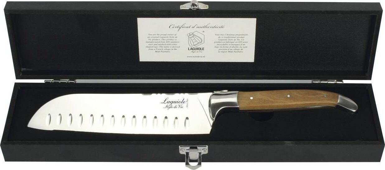Lou Laguiole Luxury Line Santoku nôž, rukoväť z olivového dreva, výška: 40 mm, dĺžka: 310 mm